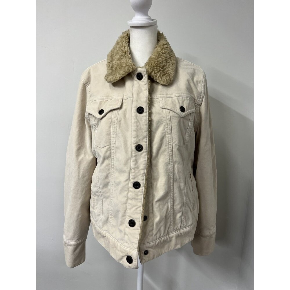 Vtg GAP Women’s Large Ivory Insulated Sherpa Lined Trucker Velour‎ Y2K Jacket
